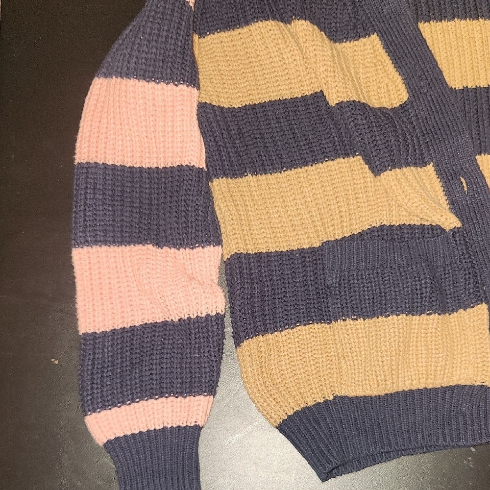 Navy and Tan Striped Classic Buttonup Small Casual Cardigan Sweater - Picture 3 of 7